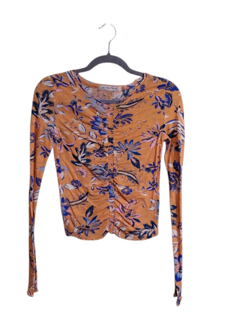 We The Free Mustard Long-Sleeve Ruched Floral Top with Blue Print